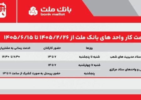 تغییر ساعت کار واحدهای بانک ملت از ۲۶ اردیبهشت